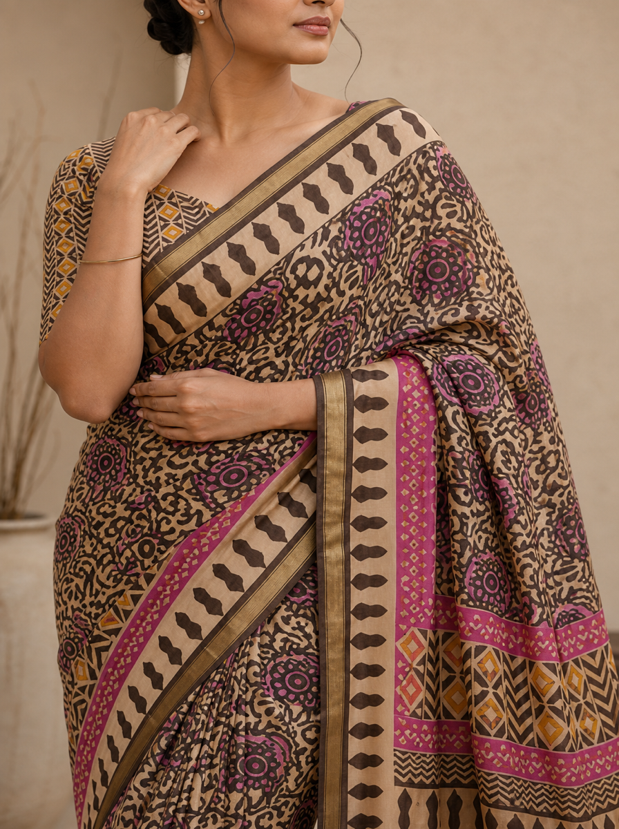 Black Pure Cotton Batik Print Saree - beige3