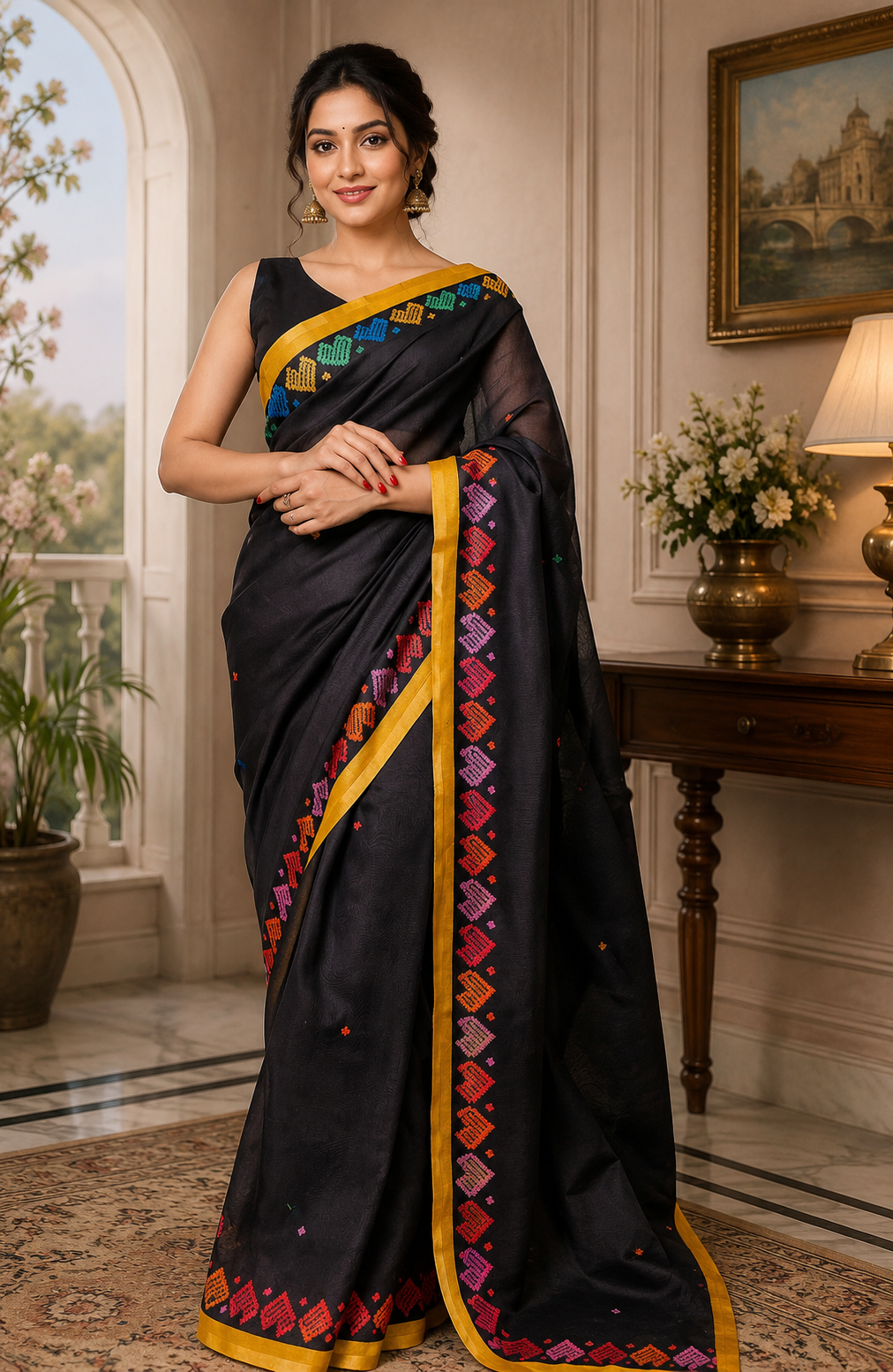 Black Multicolor Border Chanderi Cotton Ready To Wear Saree - full saree