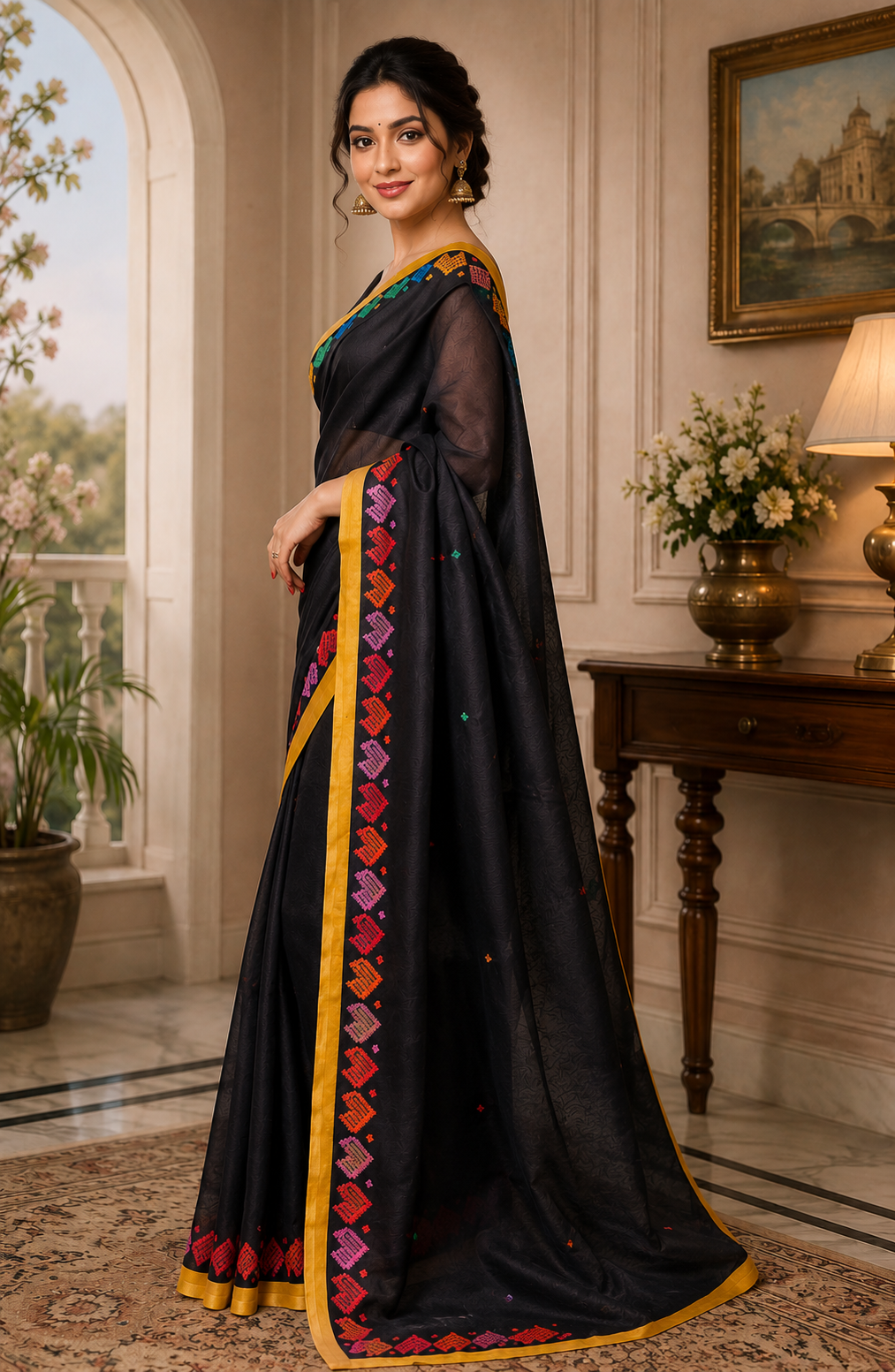 Black Multicolor Border Chanderi Cotton Ready To Wear Saree - image 2
