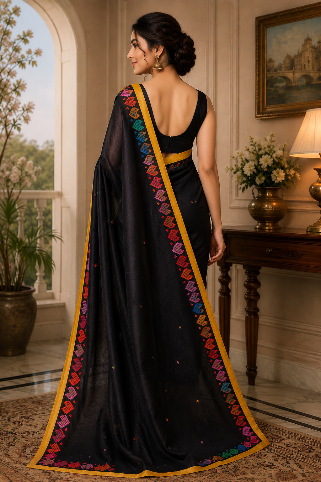 Black Multicolor Border Chanderi Cotton Ready To Wear Saree - image 3