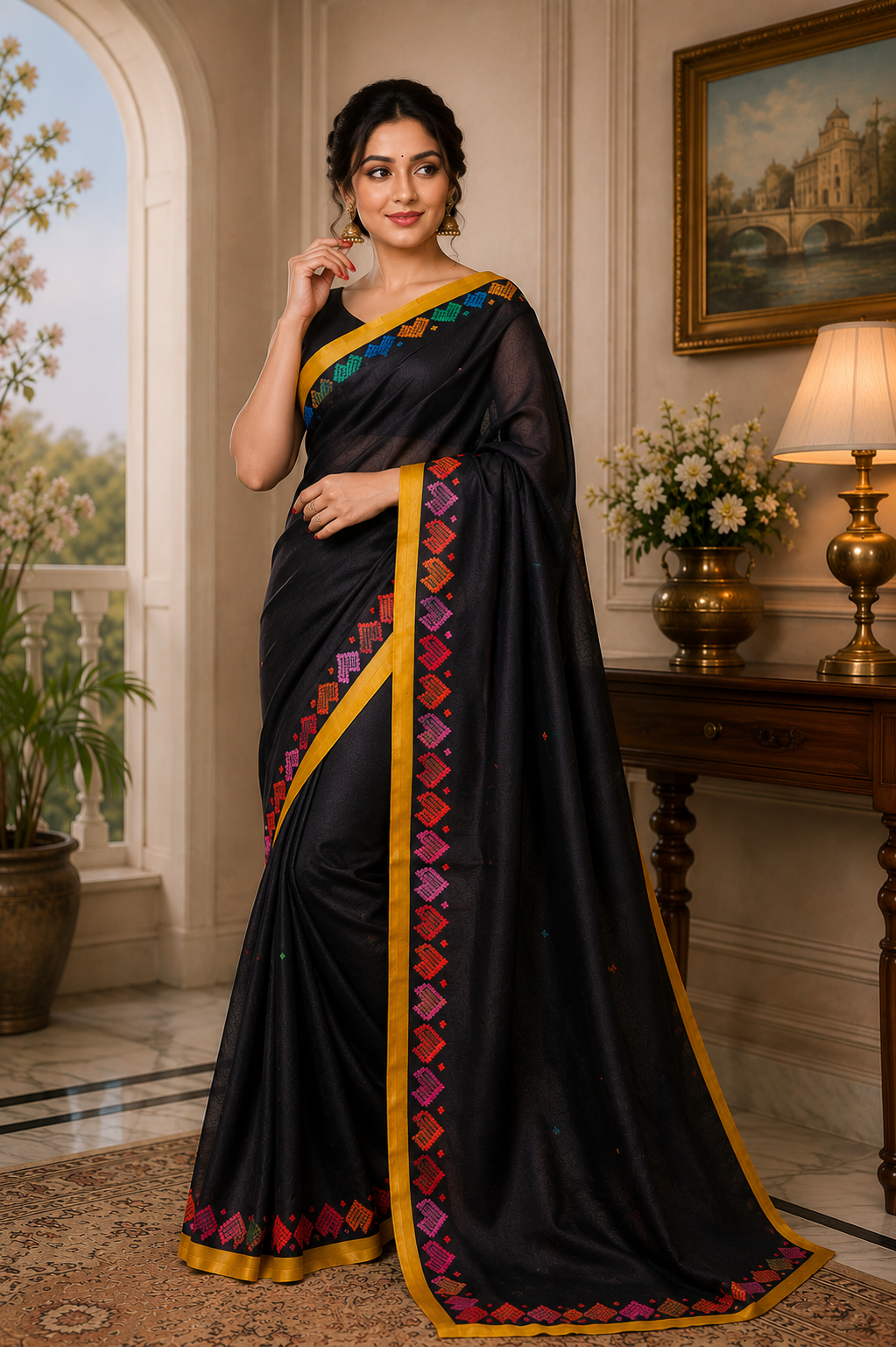 Black Multicolor Border Chanderi Cotton Ready To Wear Saree - image 4