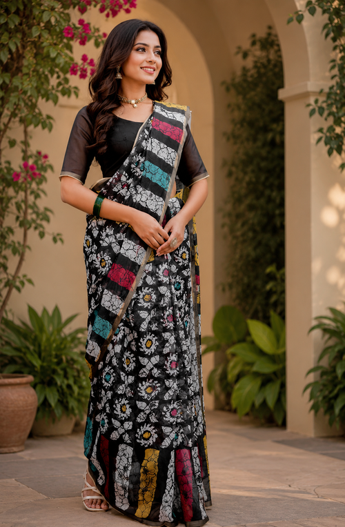 Black Multicolor Printed Chanderi Cotton Ready To Wear Saree - full saree