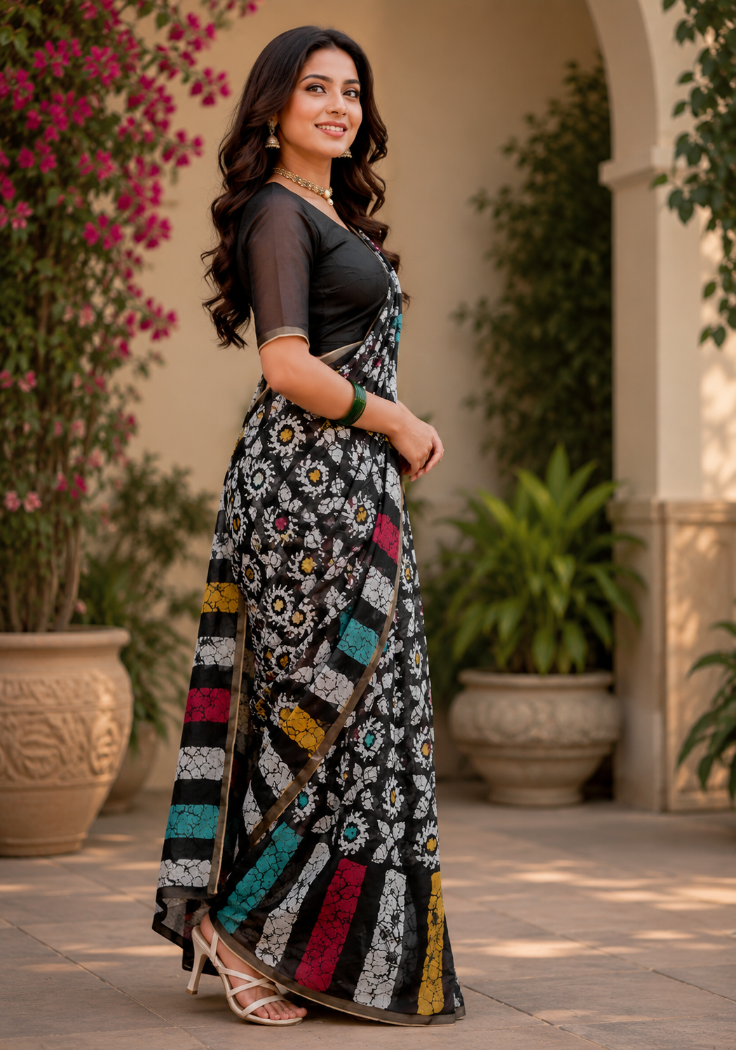 Black Multicolor Printed Chanderi Cotton Ready To Wear Saree - image 2