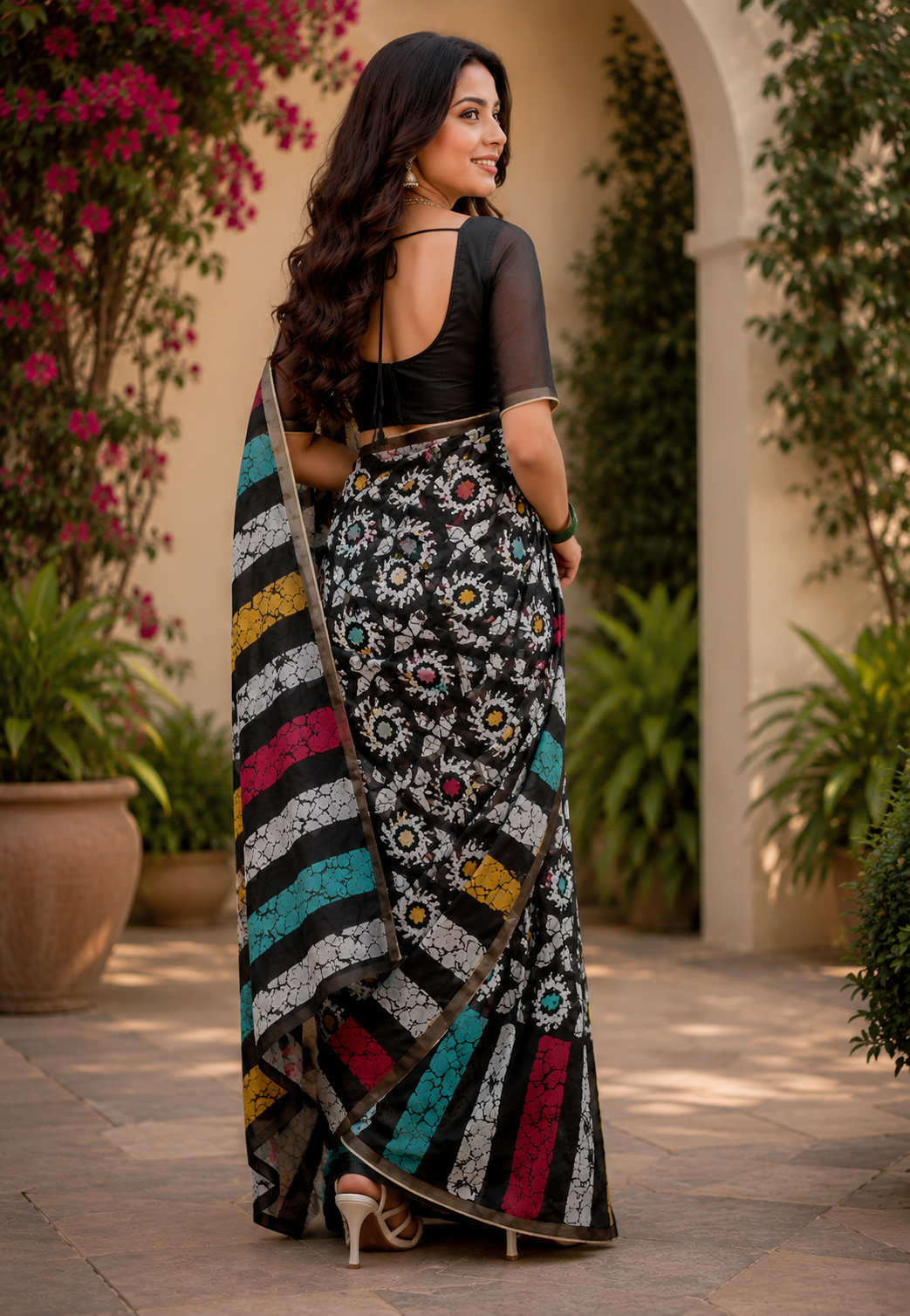 Black Multicolor Printed Chanderi Cotton Ready To Wear Saree - image 3