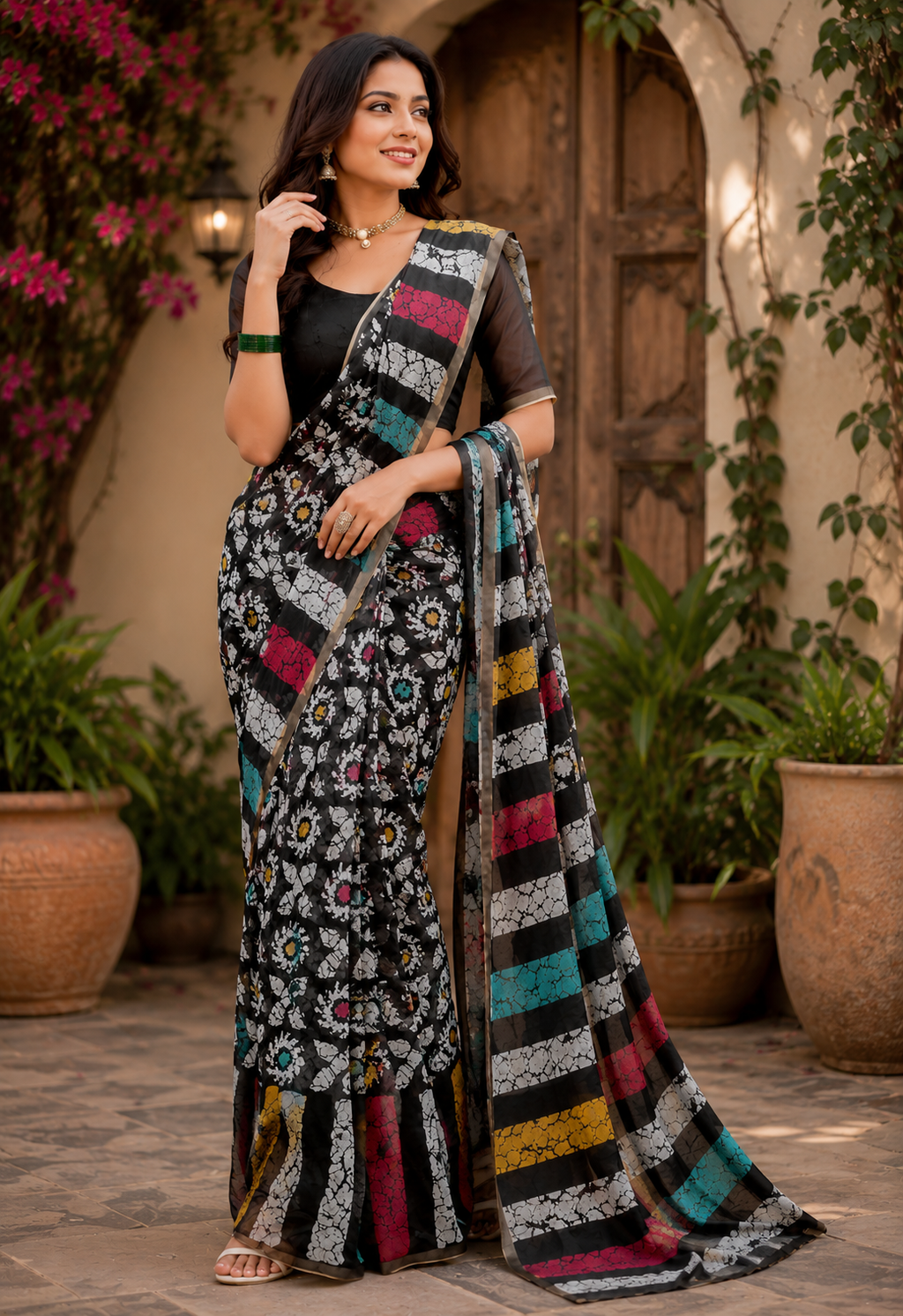 Black Multicolor Printed Chanderi Cotton Ready To Wear Saree - image 4