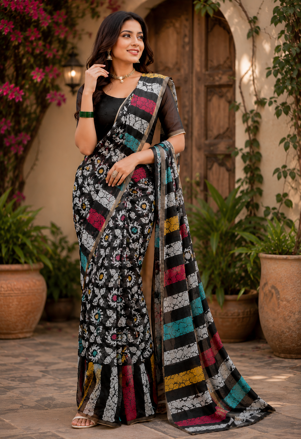 Black Multicolor Printed Chanderi Cotton Ready To Wear Saree - image 4