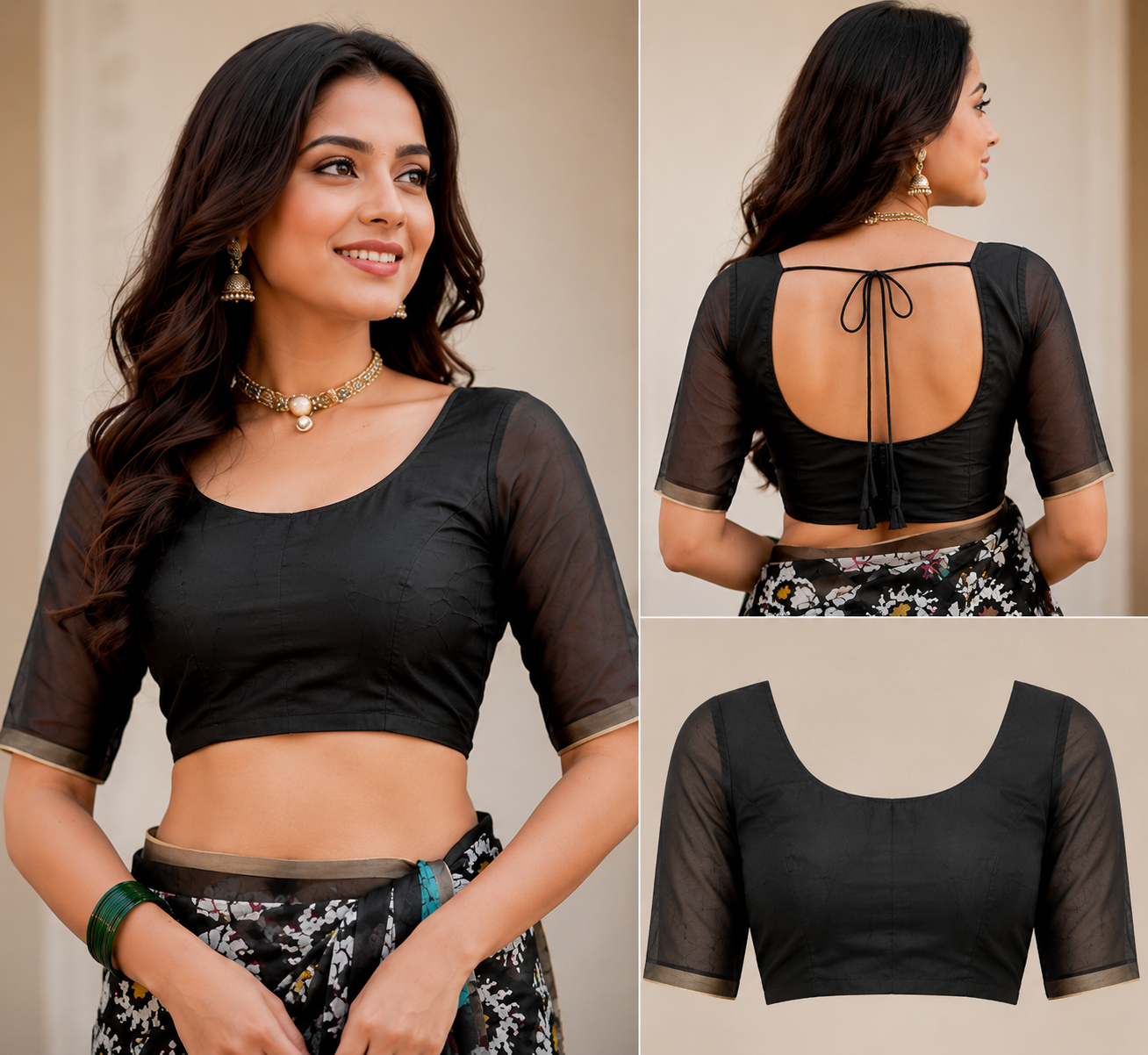 Black Multicolor Printed Chanderi Cotton Ready To Wear Saree - blouse detail