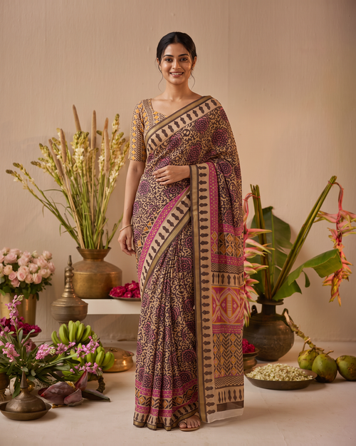 Black Pure Cotton Batik Print Saree - Beige - hero