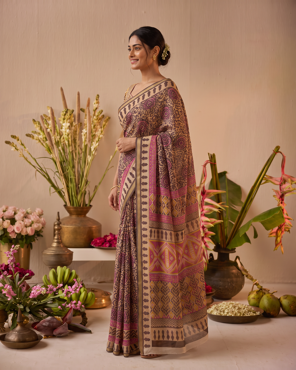 Black Pure Cotton Batik Print Saree - Beige - side