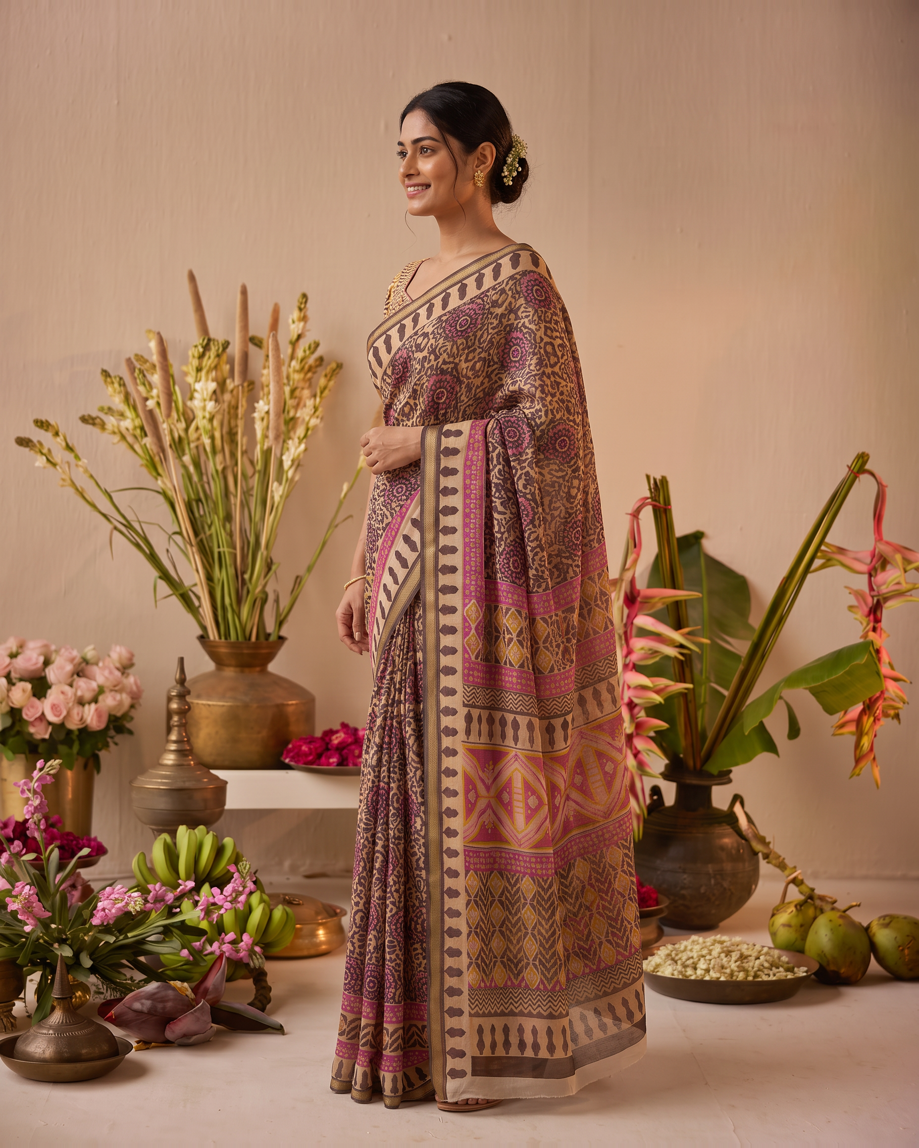 Black Pure Cotton Batik Print Saree - Beige - side