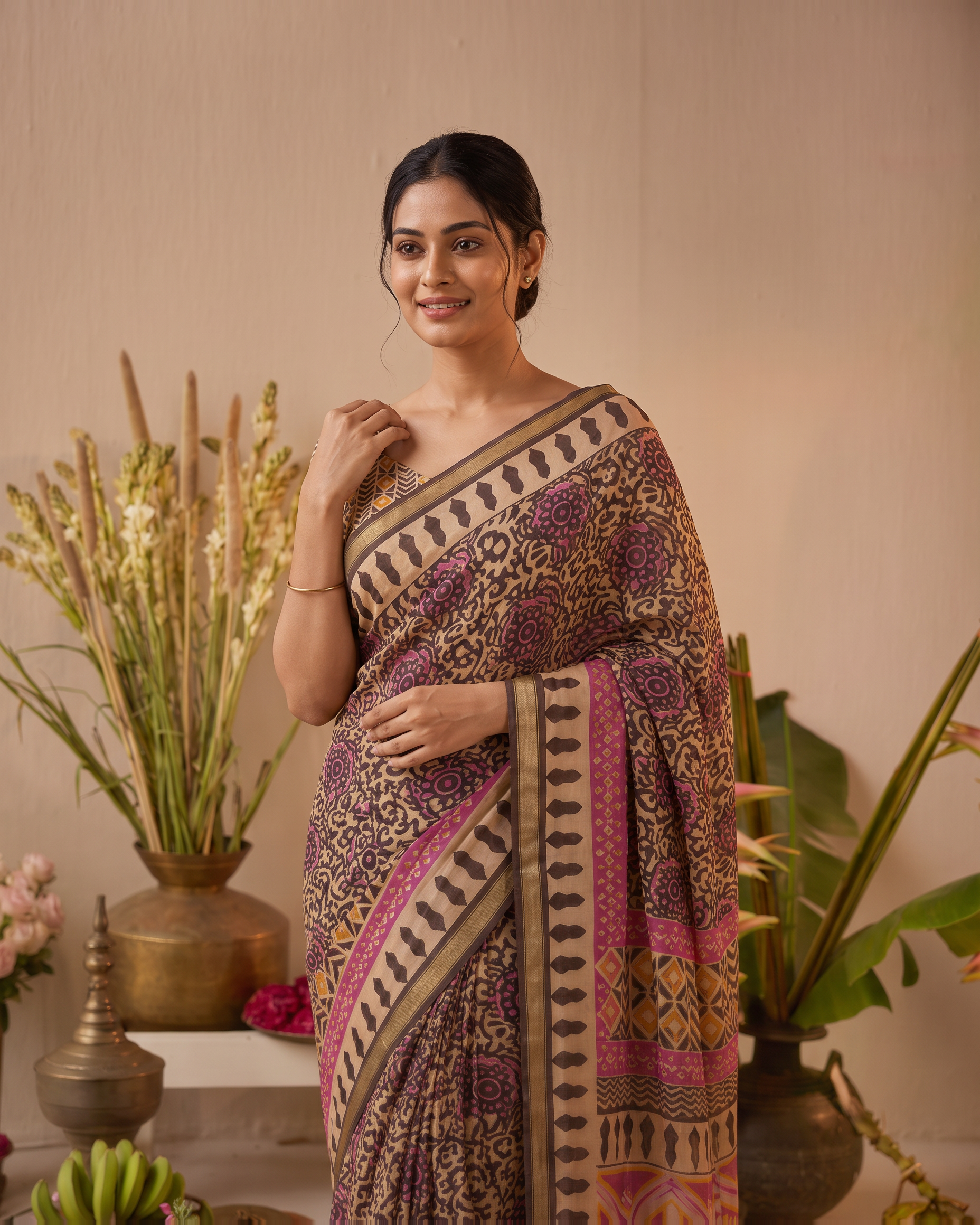 Black Pure Cotton Batik Print Saree - Beige - upper closeup - catalog replacement catalog-output-replacement-20260812-095206-5340