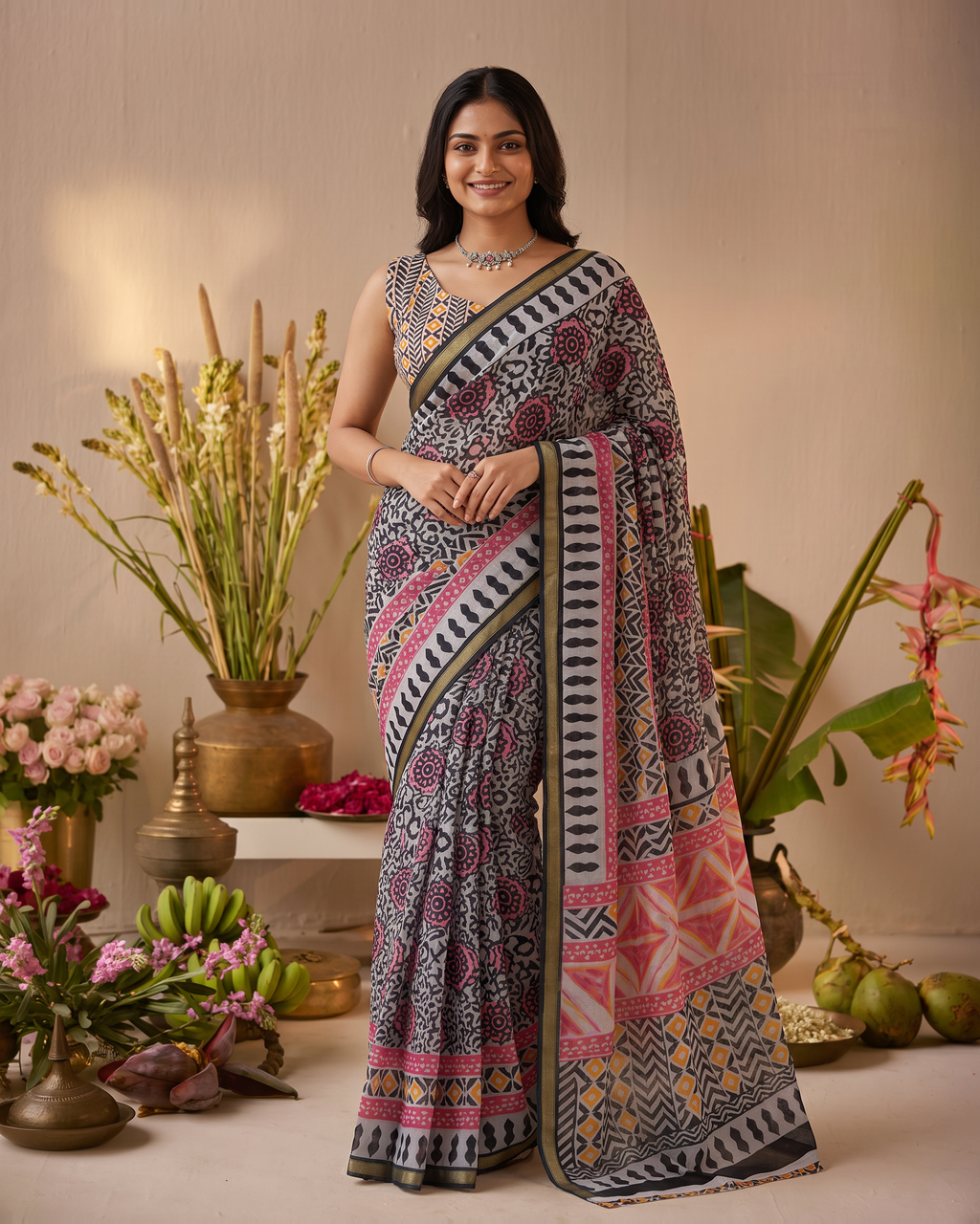 Black Pure Cotton Batik Print Saree - Black - hero