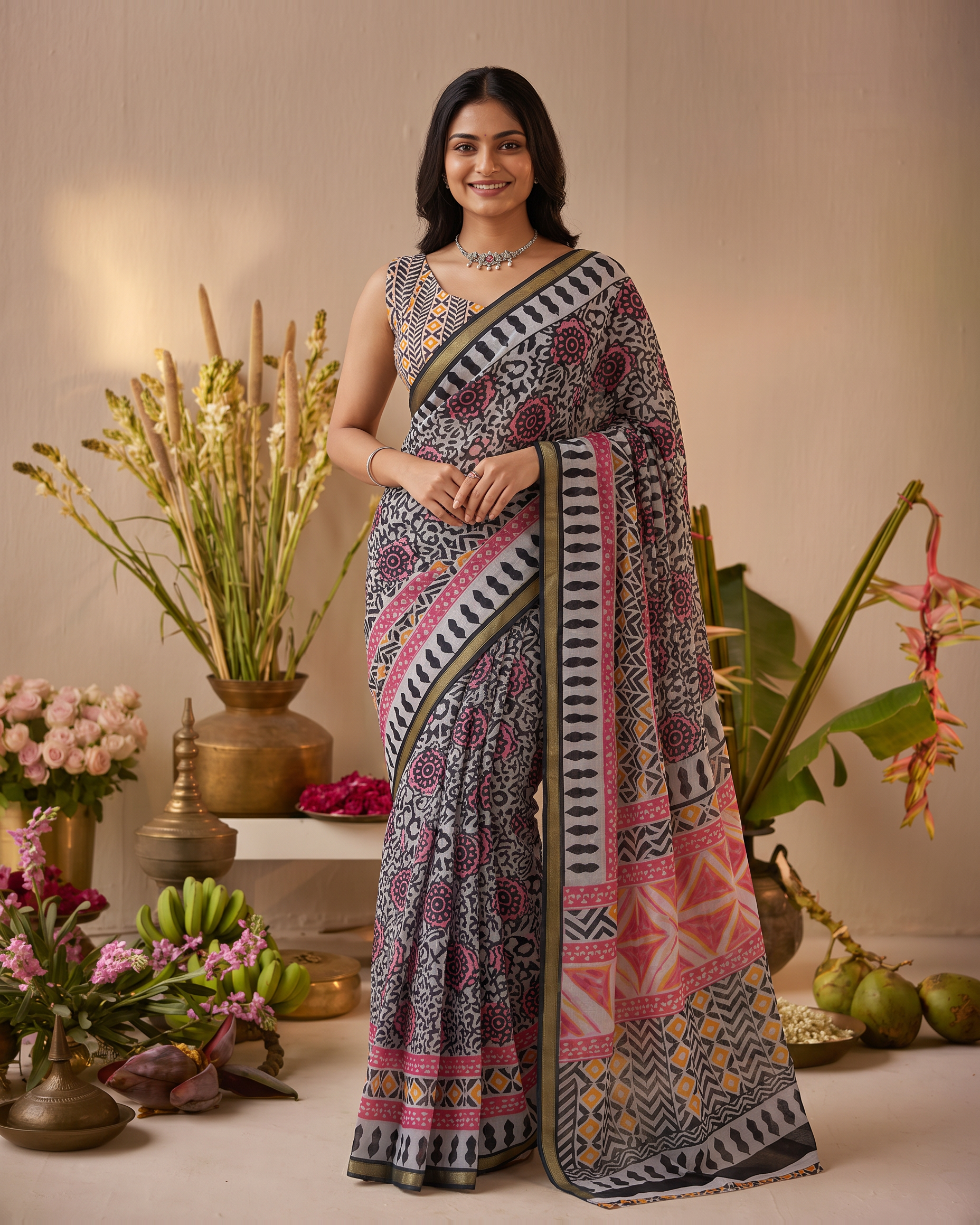 Black Pure Cotton Batik Print Saree - Black - hero