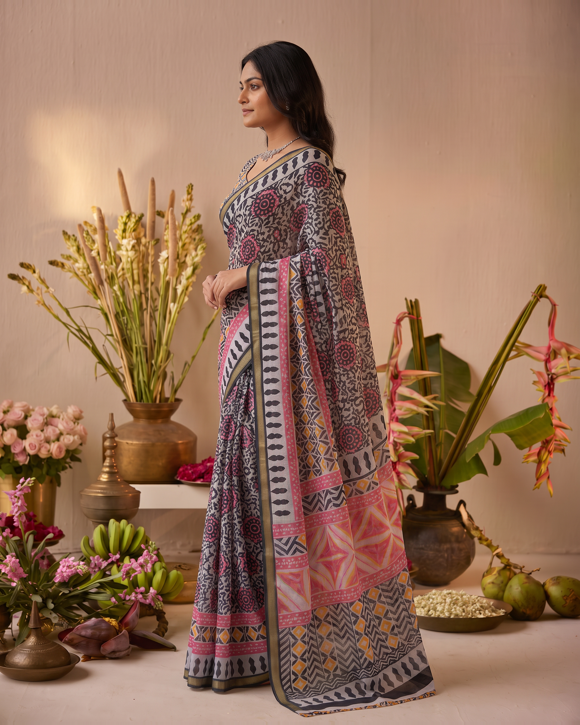 Black Pure Cotton Batik Print Saree - Black - side