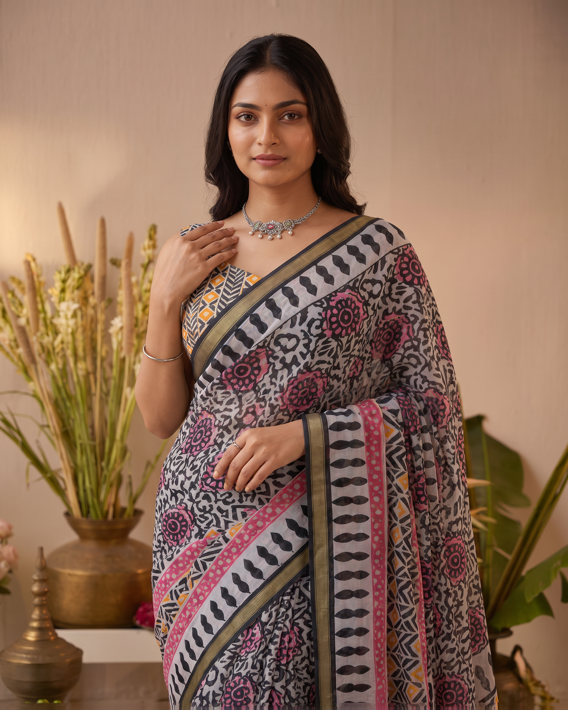 Black Pure Cotton Batik Print Saree - Black - upper closeup - catalog replacement catalog-output-replacement-20260812-095206-5340