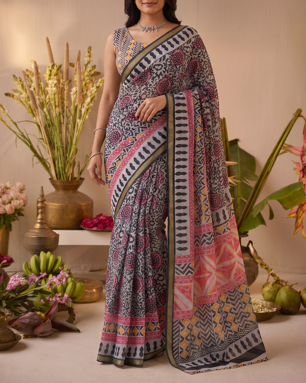 Black Pure Cotton Batik Print Saree - Black - upper closeup