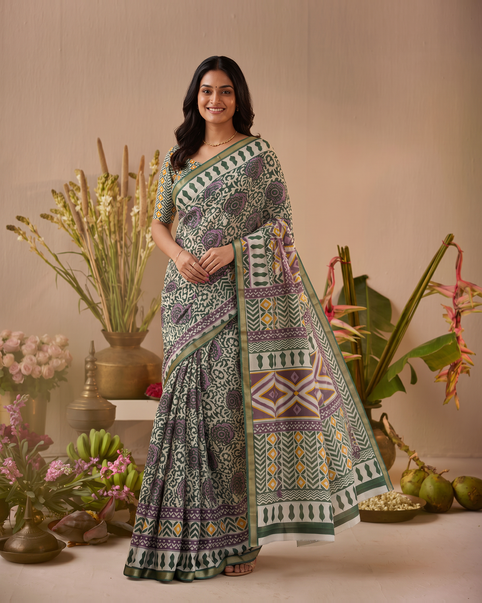 Black Pure Cotton Batik Print Saree - Mehndi Green - hero