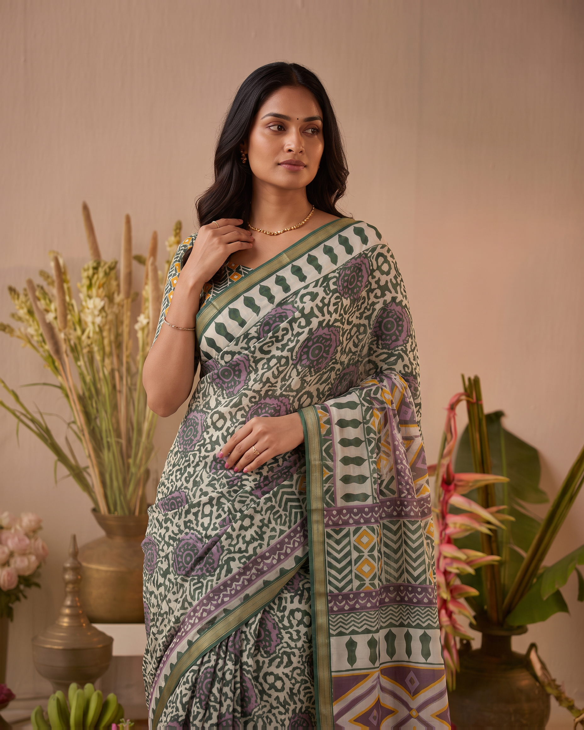 Black Pure Cotton Batik Print Saree - Mehndi Green - upper closeup - catalog replacement catalog-output-replacement-20260812-095206-5340