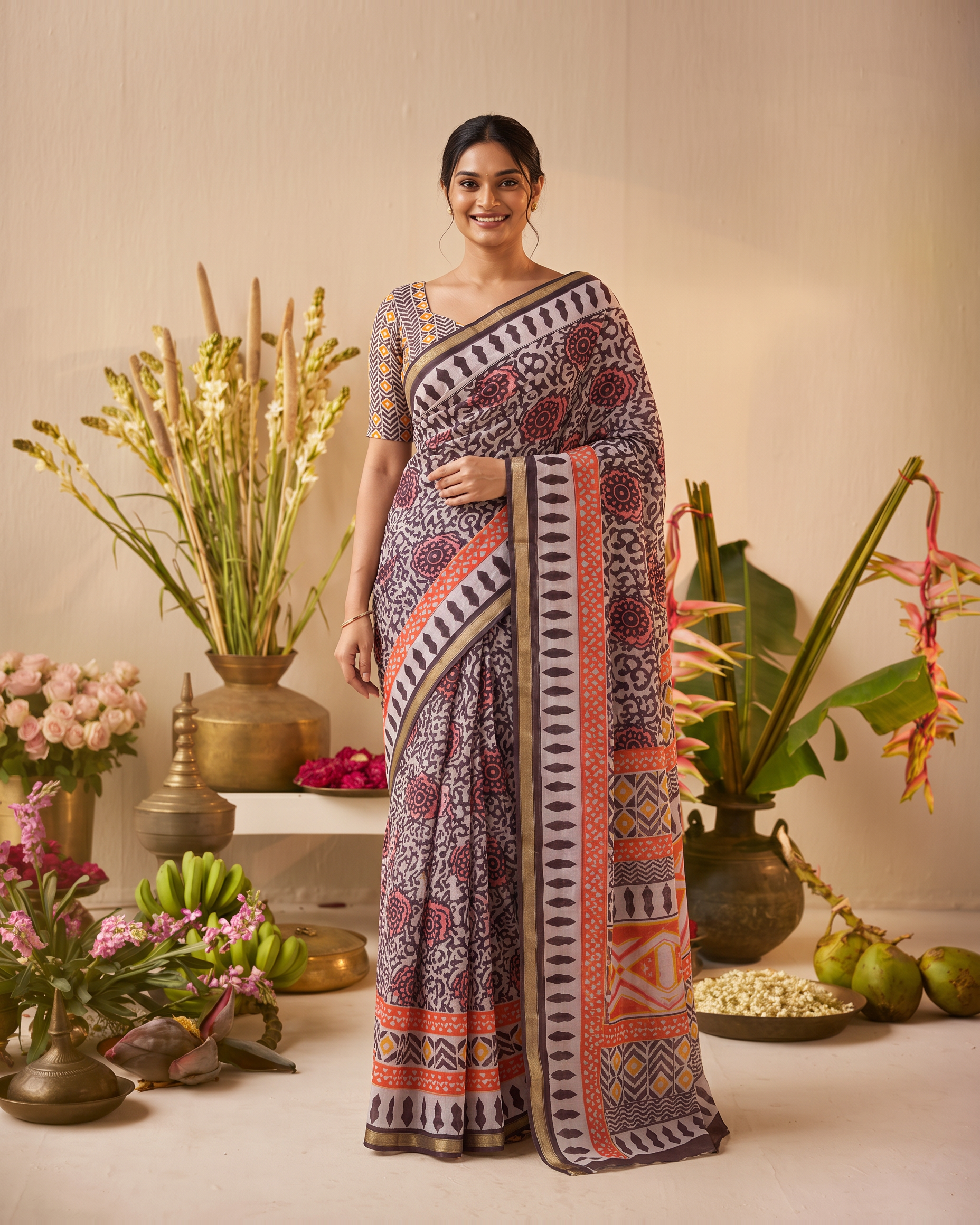 Black Pure Cotton Batik Print Saree - Purple - hero