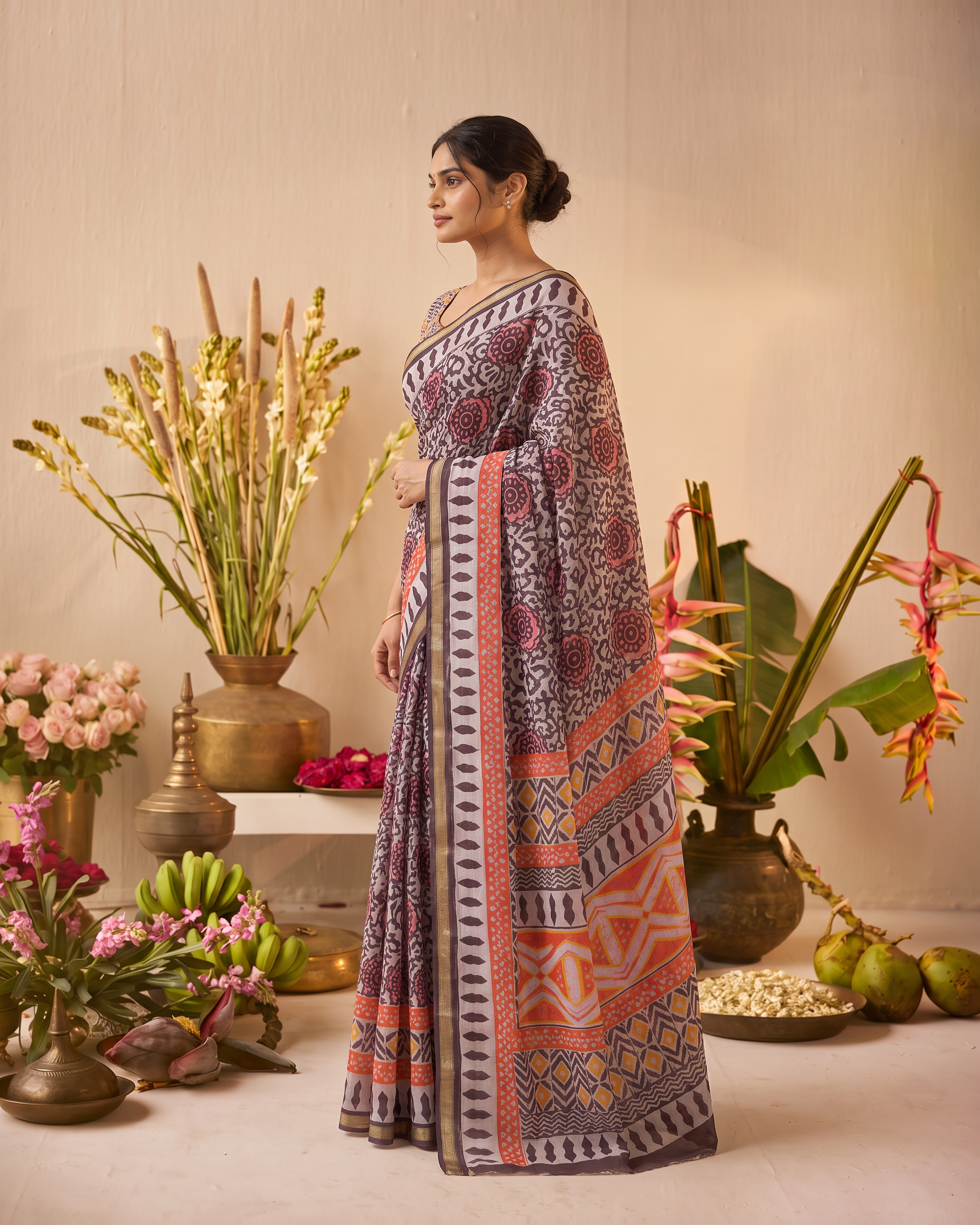 Black Pure Cotton Batik Print Saree - Purple - side