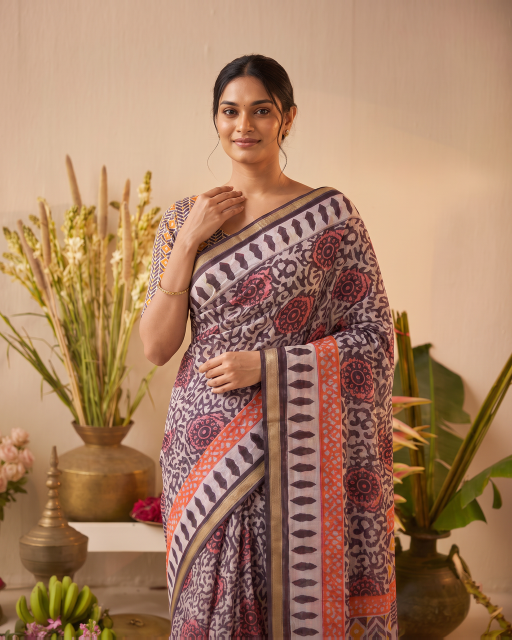 Black Pure Cotton Batik Print Saree - Purple - upper closeup - catalog replacement catalog-output-replacement-20260812-095206-5340
