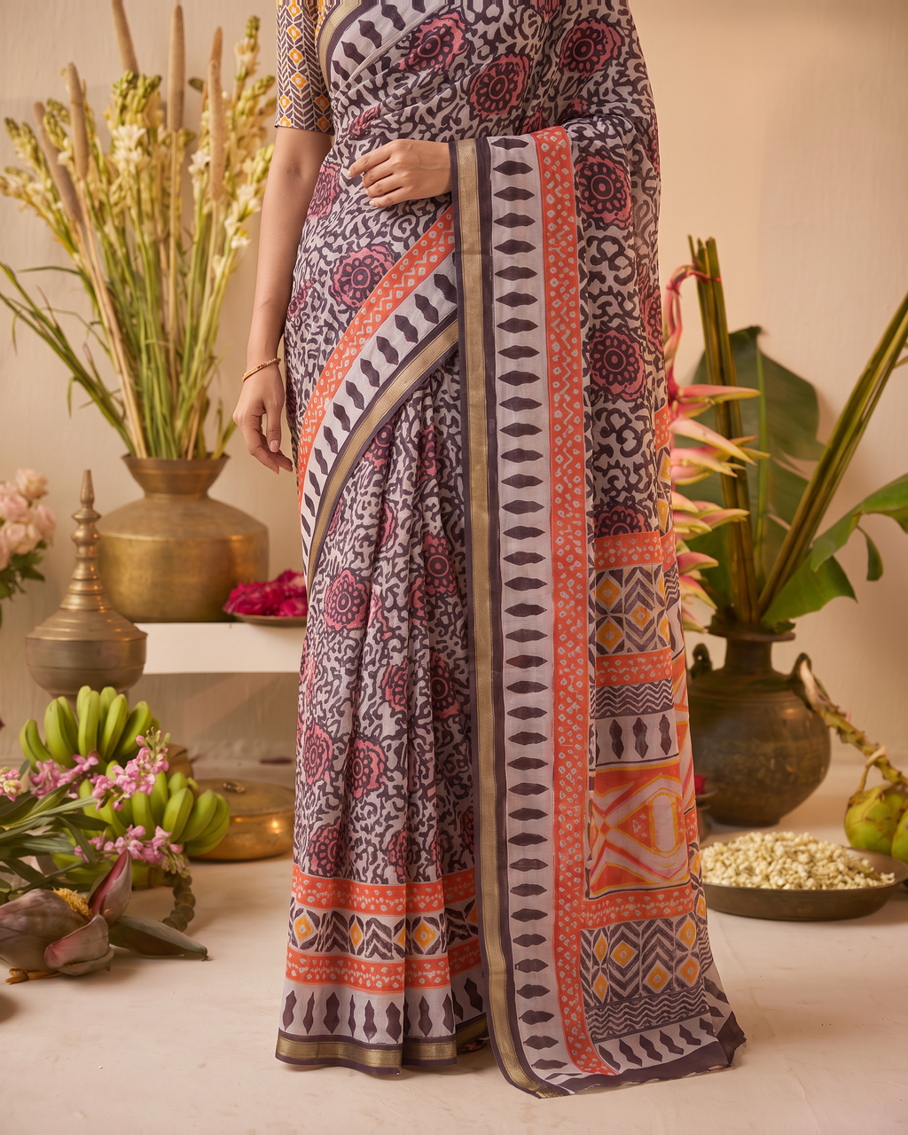 Black Pure Cotton Batik Print Saree - Purple - upper closeup