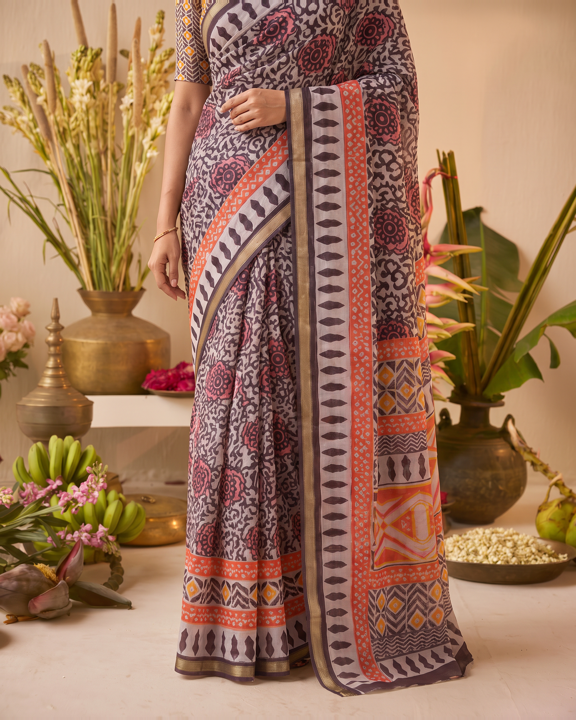 Black Pure Cotton Batik Print Saree - Purple - upper closeup