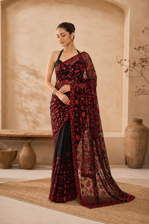 Black Red Zaal Flower Sequins Embroidered Faux Georgette Saree - hero