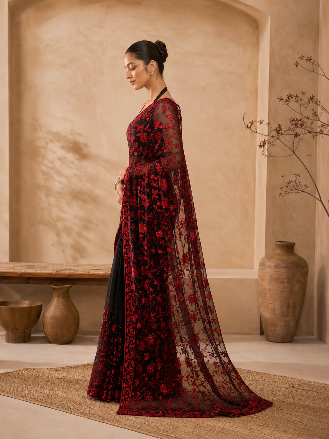 Black Red Zaal Flower Sequins Embroidered Faux Georgette Saree - side view
