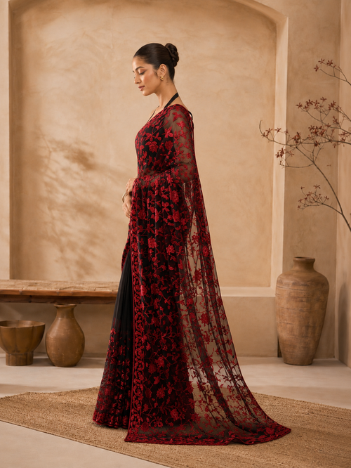 Black Red Zaal Flower Sequins Embroidered Faux Georgette Saree - side view