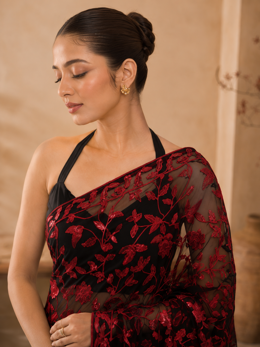 Black Red Zaal Flower Sequins Embroidered Faux Georgette Saree - embroidery closeup