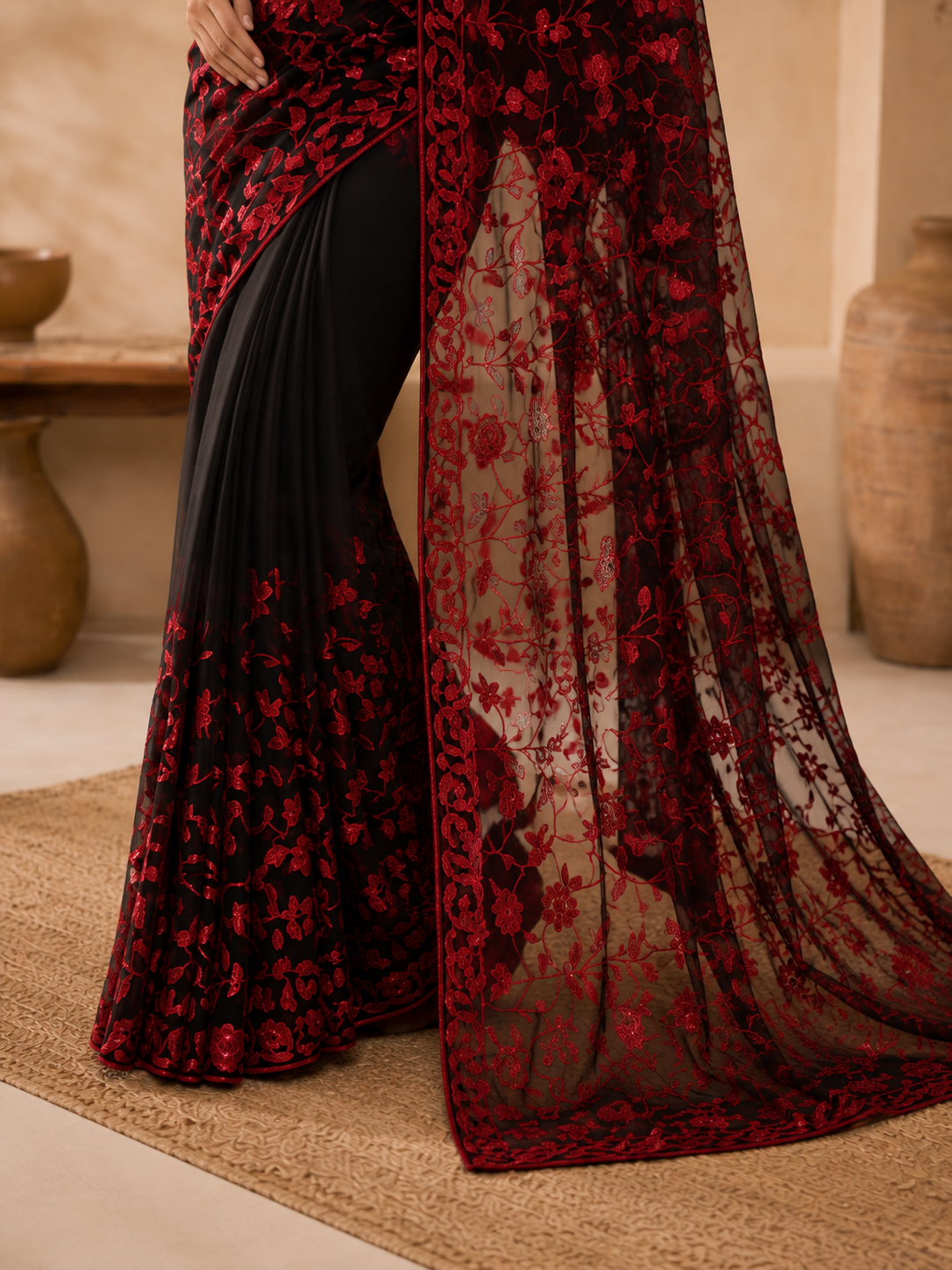 Black Red Zaal Flower Sequins Embroidered Faux Georgette Saree - border detail