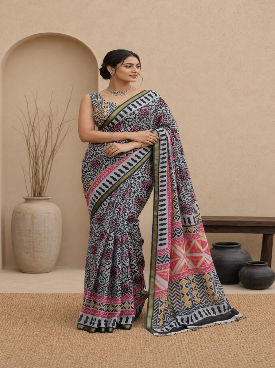 Black Pure Cotton Batik Print Saree