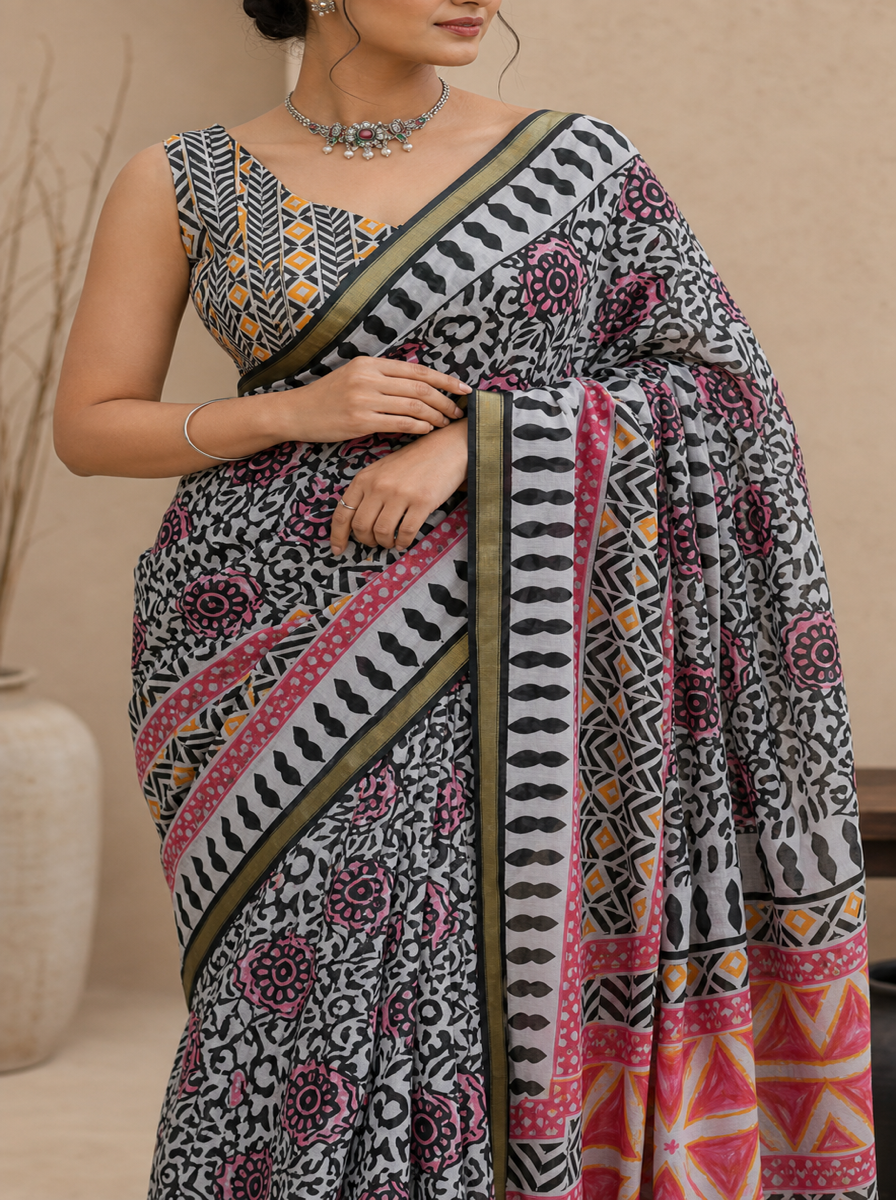 Black Pure Cotton Batik Print Saree