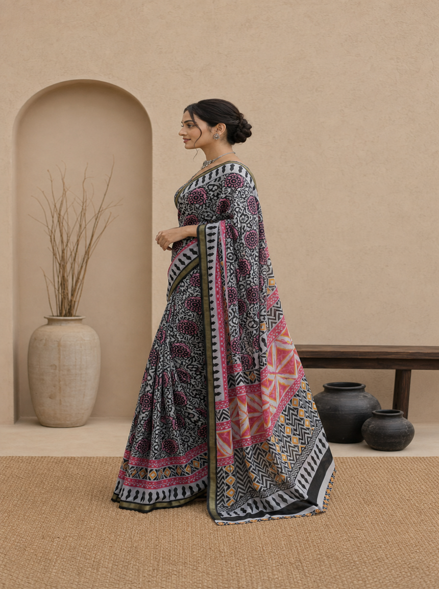 Black Pure Cotton Batik Print Saree
