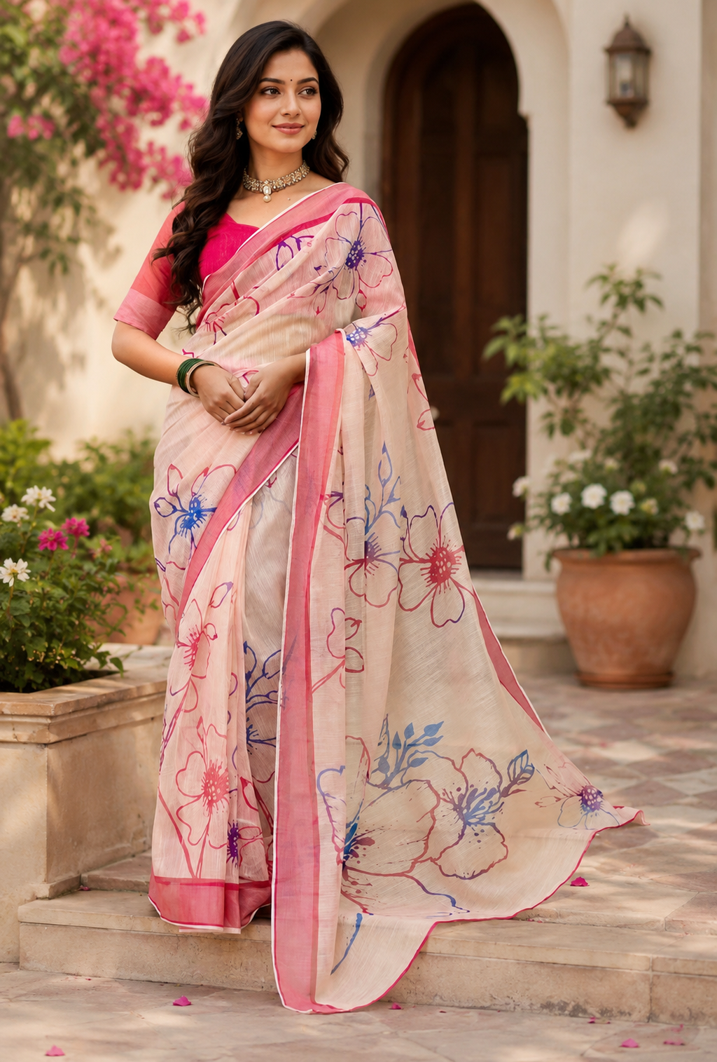 Blush Pink Floral Chanderi Cotton Ready To Wear Saree - full saree