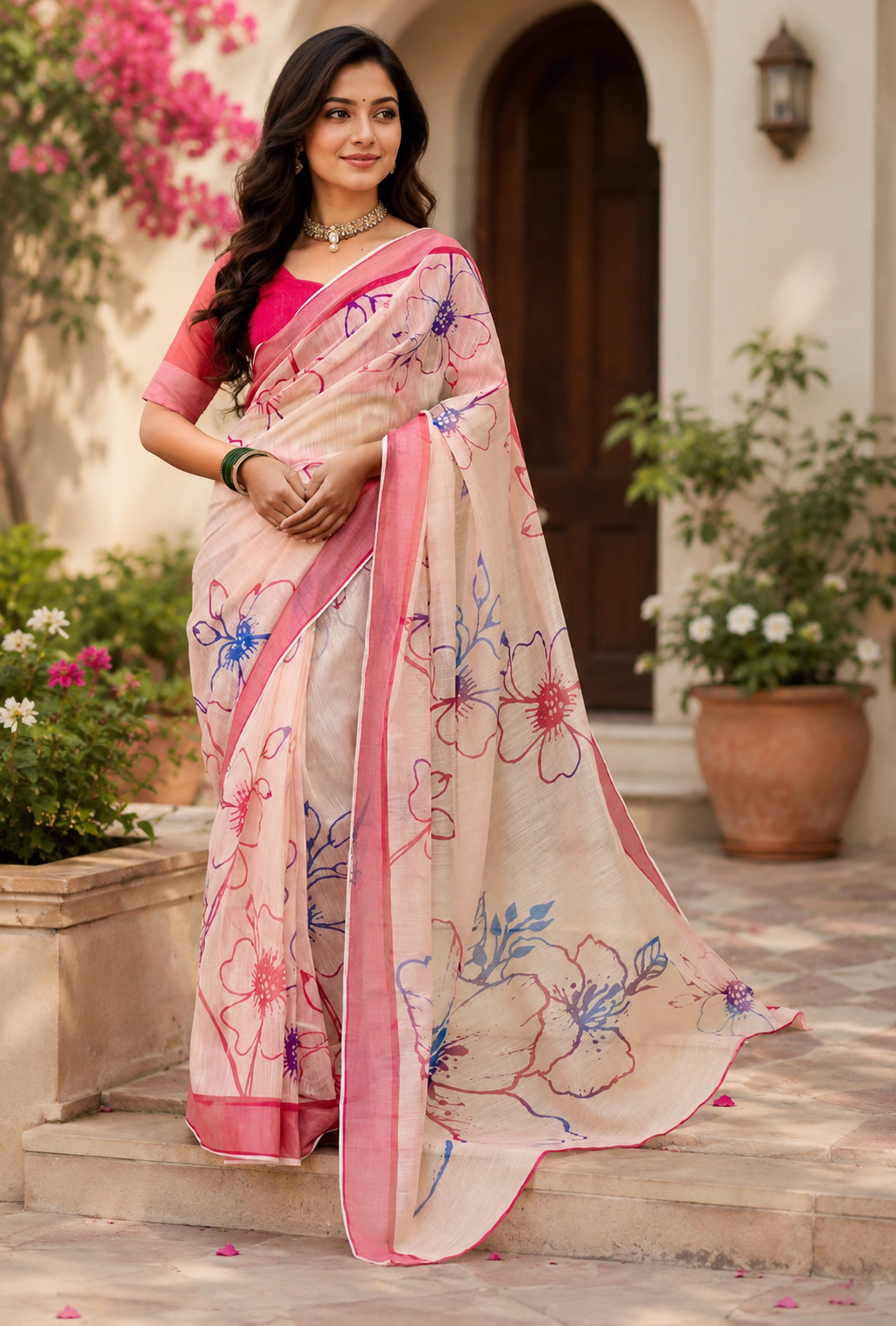 Blush Pink Floral Chanderi Cotton Ready To Wear Saree - full saree