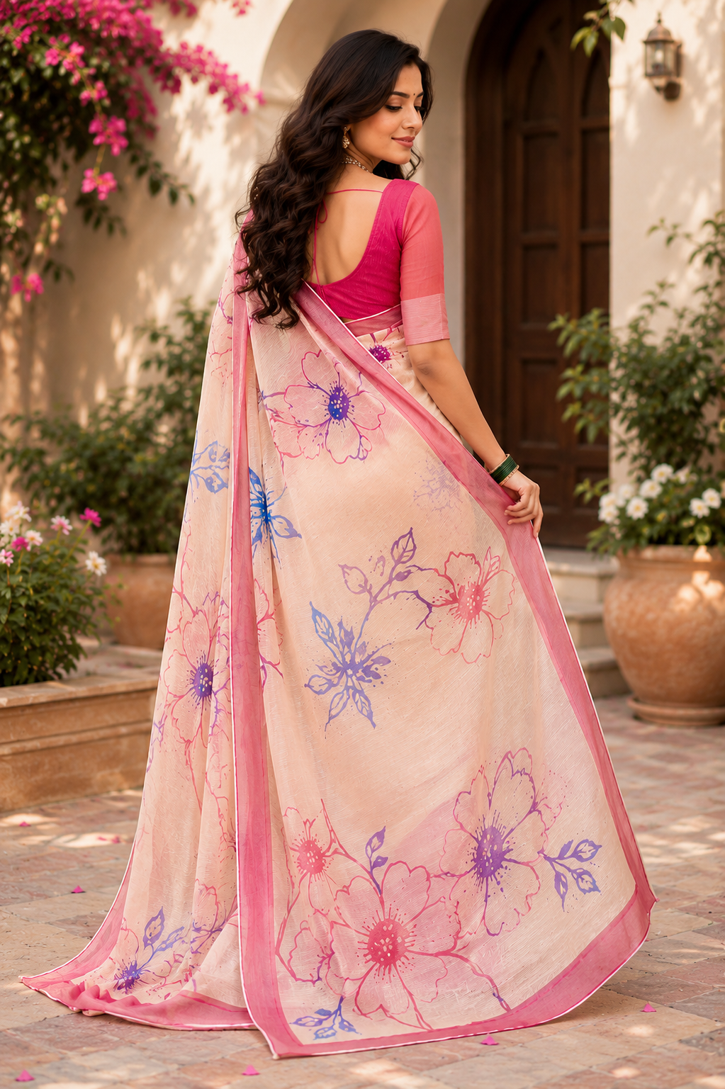Blush Pink Floral Chanderi Cotton Ready To Wear Saree - image 3