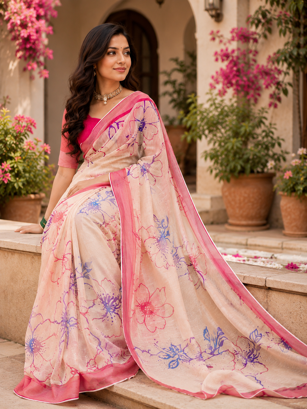 Blush Pink Floral Chanderi Cotton Ready To Wear Saree - image 4