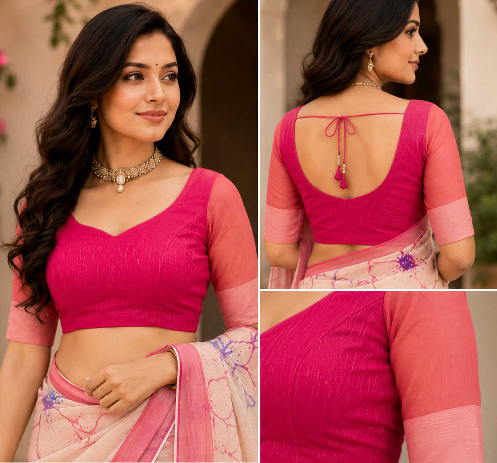 Blush Pink Floral Chanderi Cotton Ready To Wear Saree - blouse detail