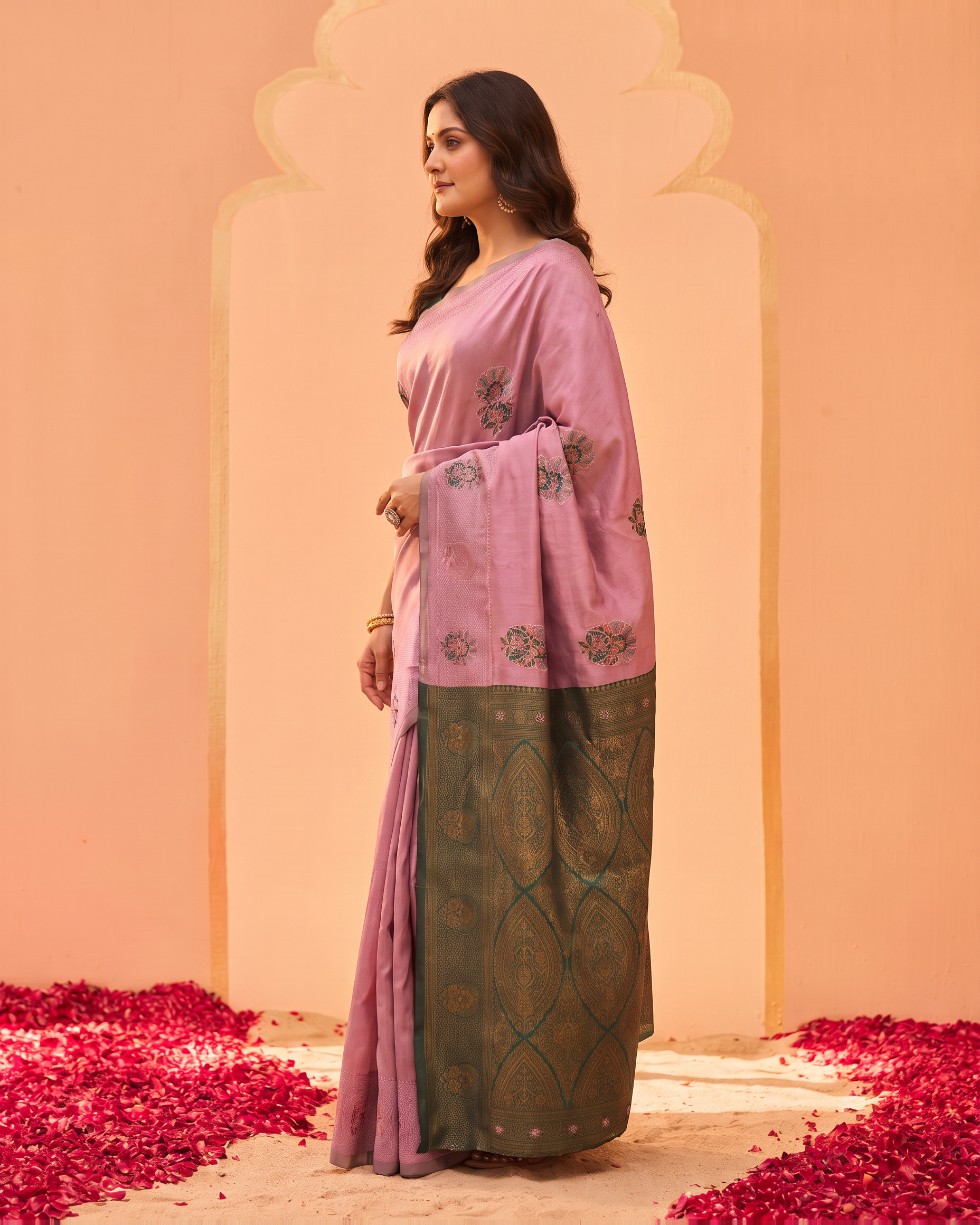 Blush Pink Olive Silk Saree with Grey Contrast Pallu - side drape