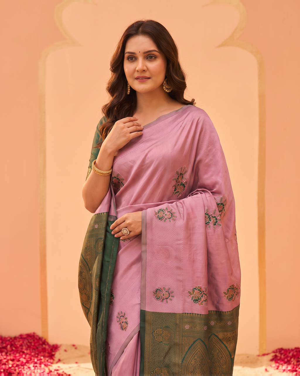 Blush Pink Olive Silk Saree with Grey Contrast Pallu - upper closeup