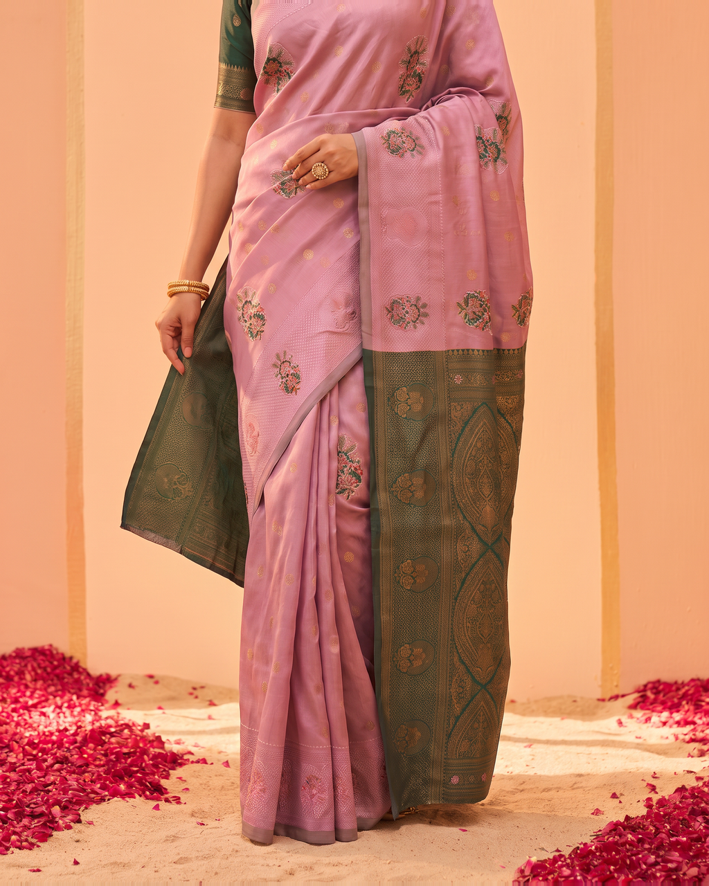 Blush Pink Olive Silk Saree with Grey Contrast Pallu - lower closeup