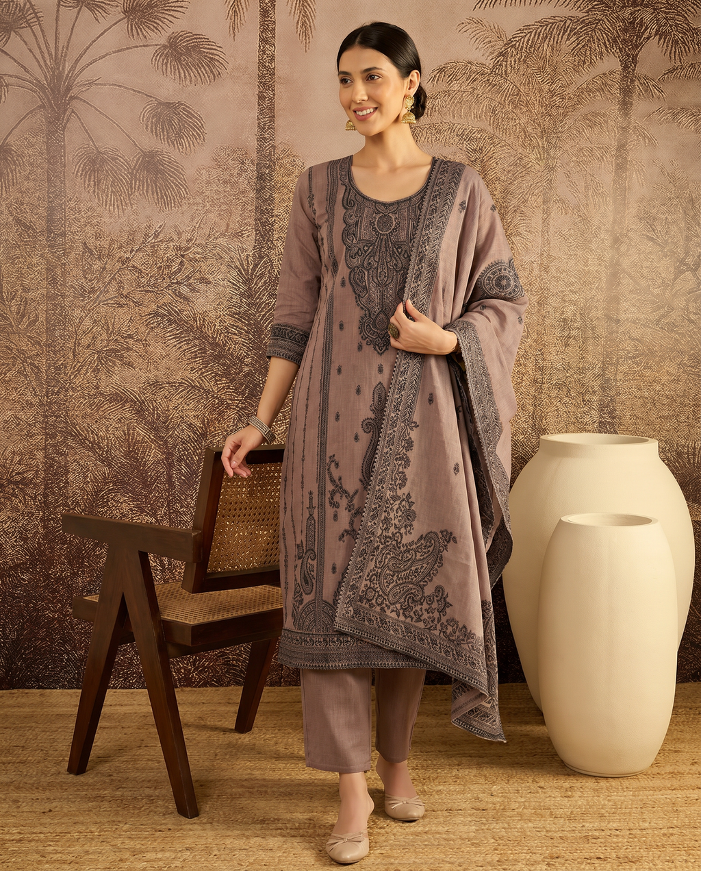 Brown Embroidered Salwar Suit Set with Dark Grey Detail - front