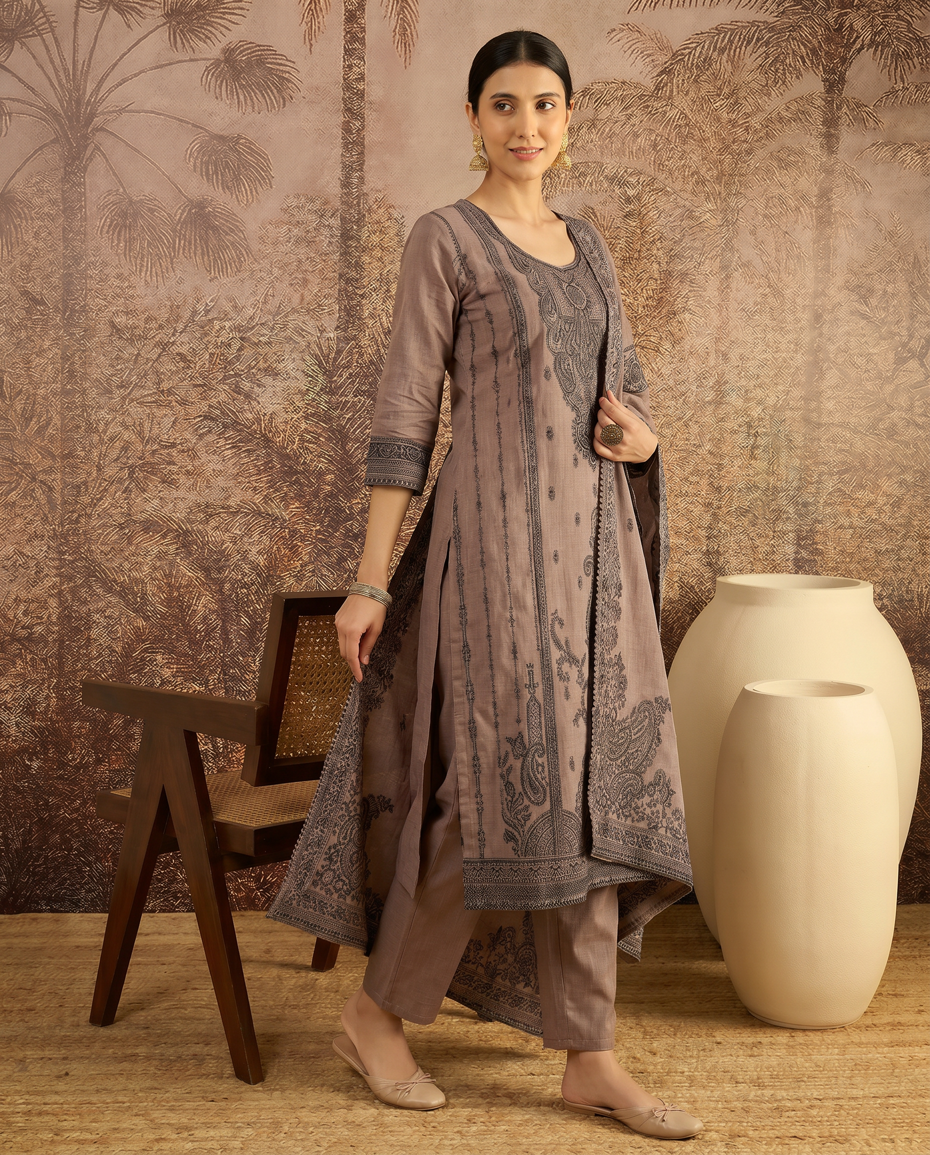 Brown Embroidered Salwar Suit Set with Dark Grey Detail - side