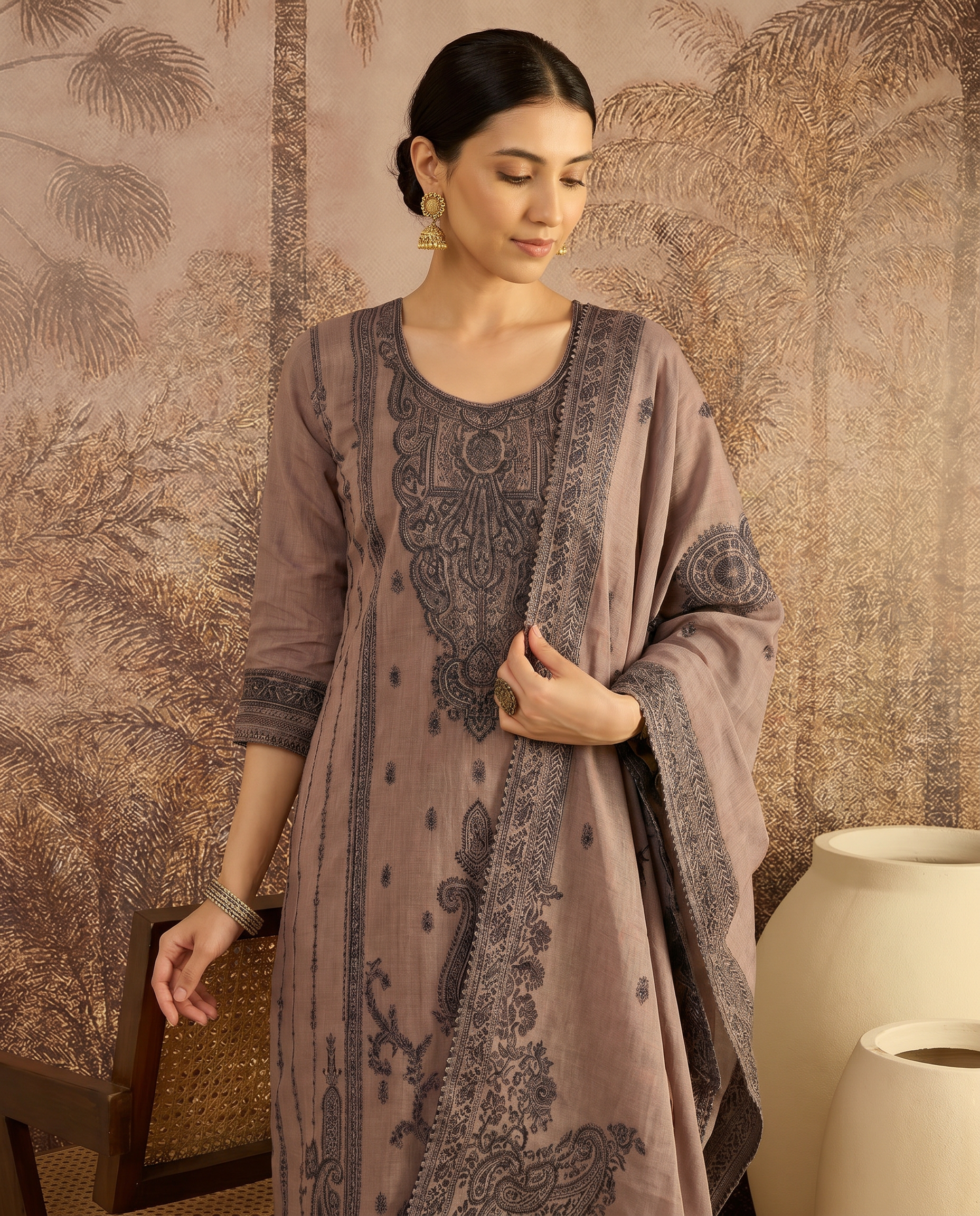 Brown Embroidered Salwar Suit Set with Dark Grey Detail - closeup