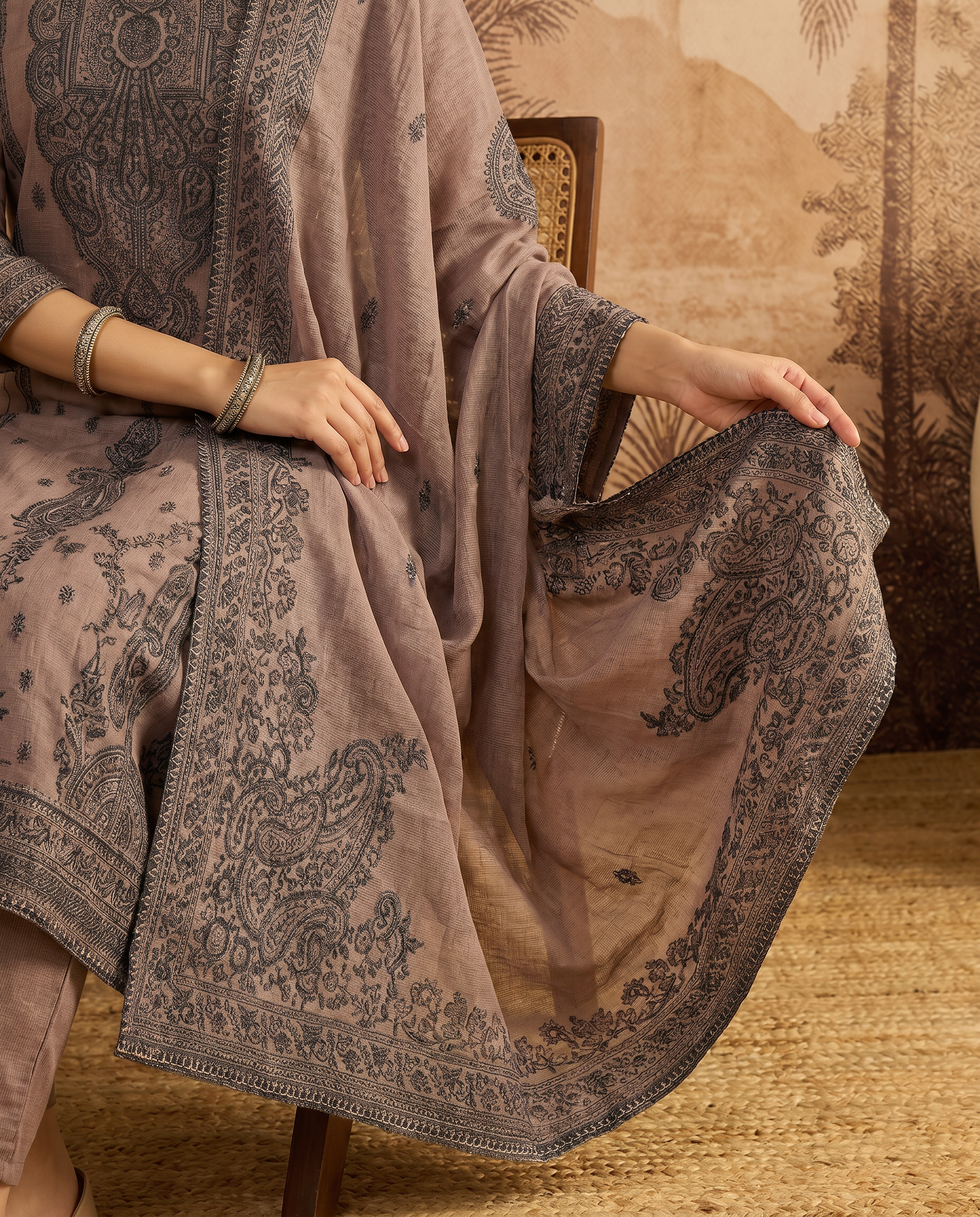 Brown Embroidered Salwar Suit Set with Dark Grey Detail - dupatta