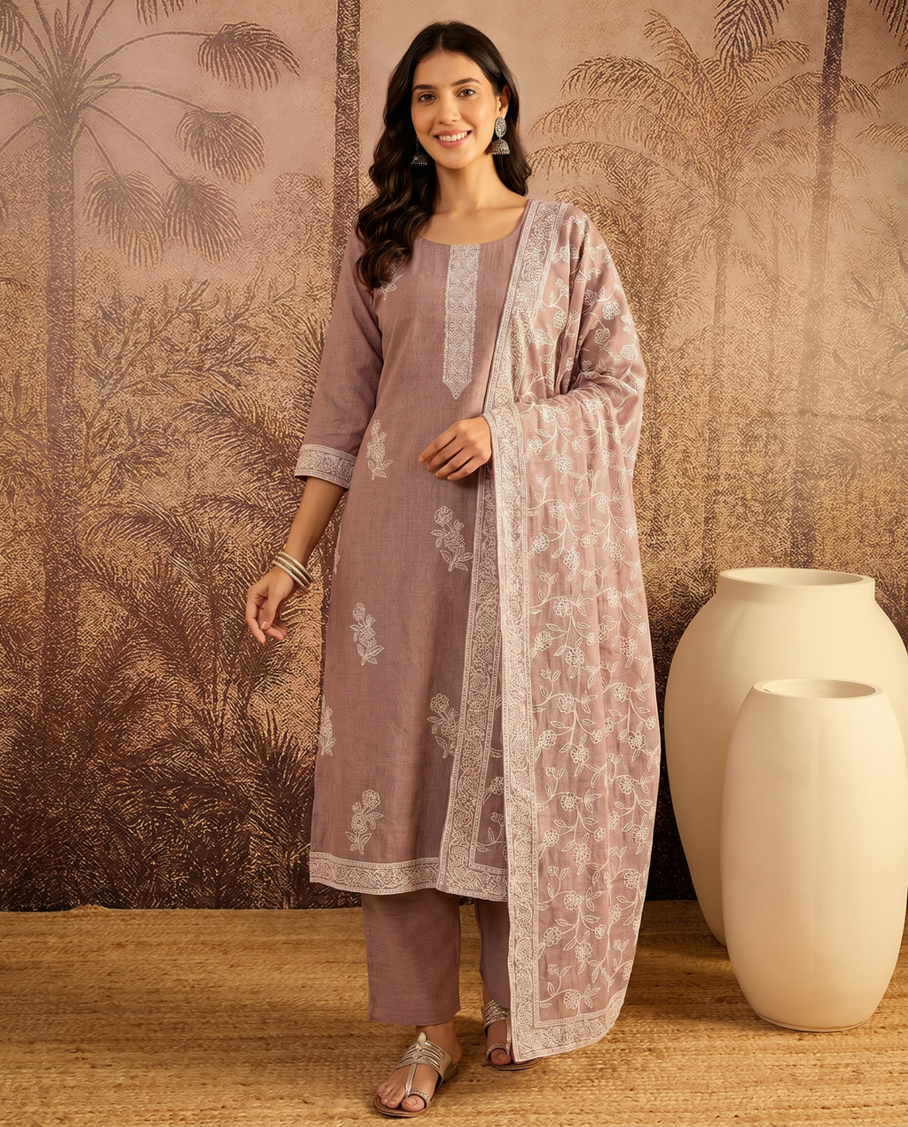 Brown Embroidered Salwar Suit Set with White Detail - front