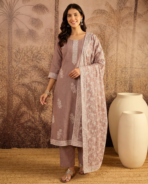 Brown Embroidered Salwar Suit Set with White Detail - front