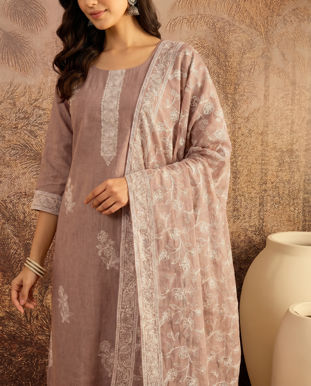 Brown Embroidered Salwar Suit Set with White Detail - closeup